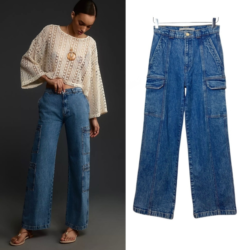 Anthropologie Hudson High Rise Wide Leg Women’s Cargo Medium Wash Jeans Sz 25